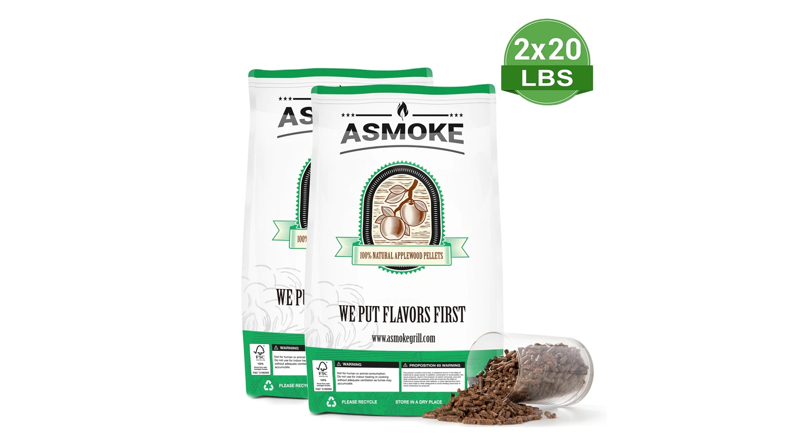ASMOKE 9.07kg of 100% Pure Applewood Pellets x 2 Bags