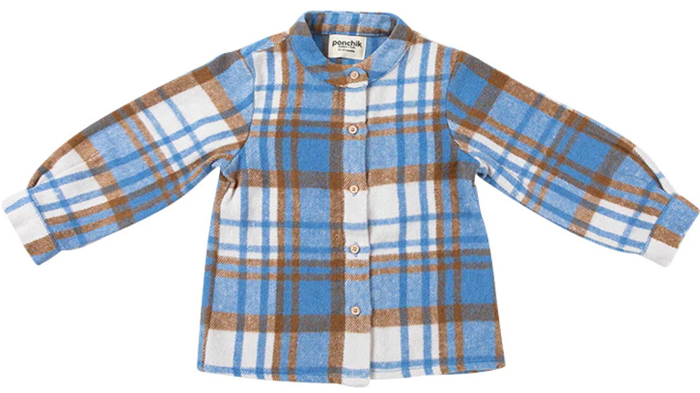 Ponchik Blueberry Plaid Mandarin Collar Button Down Shirt - 3-6 Months
