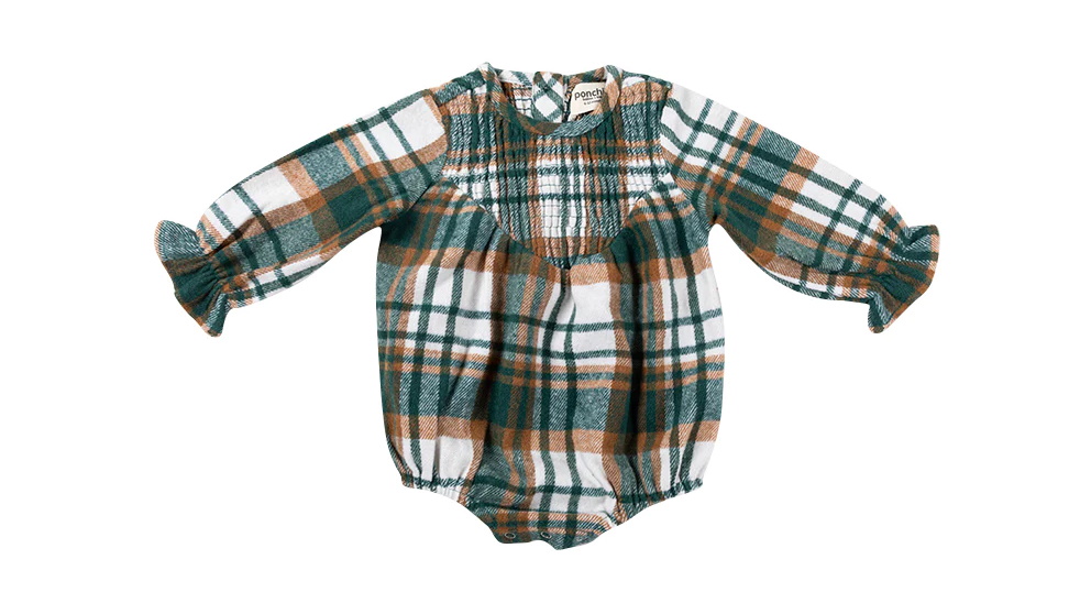 Ponchik Pear Plaid Shirred Bubble Baby Romper with Frill Sleeve - 0-3 Months