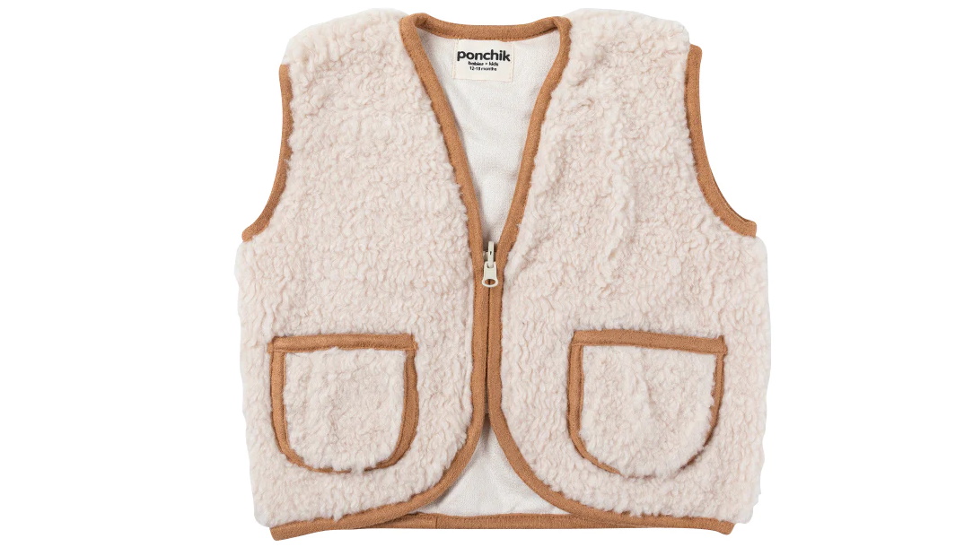 Ponchik Buttermilk/Tan Teddy Contrast Children's Vest with Trim - 0-3 Months