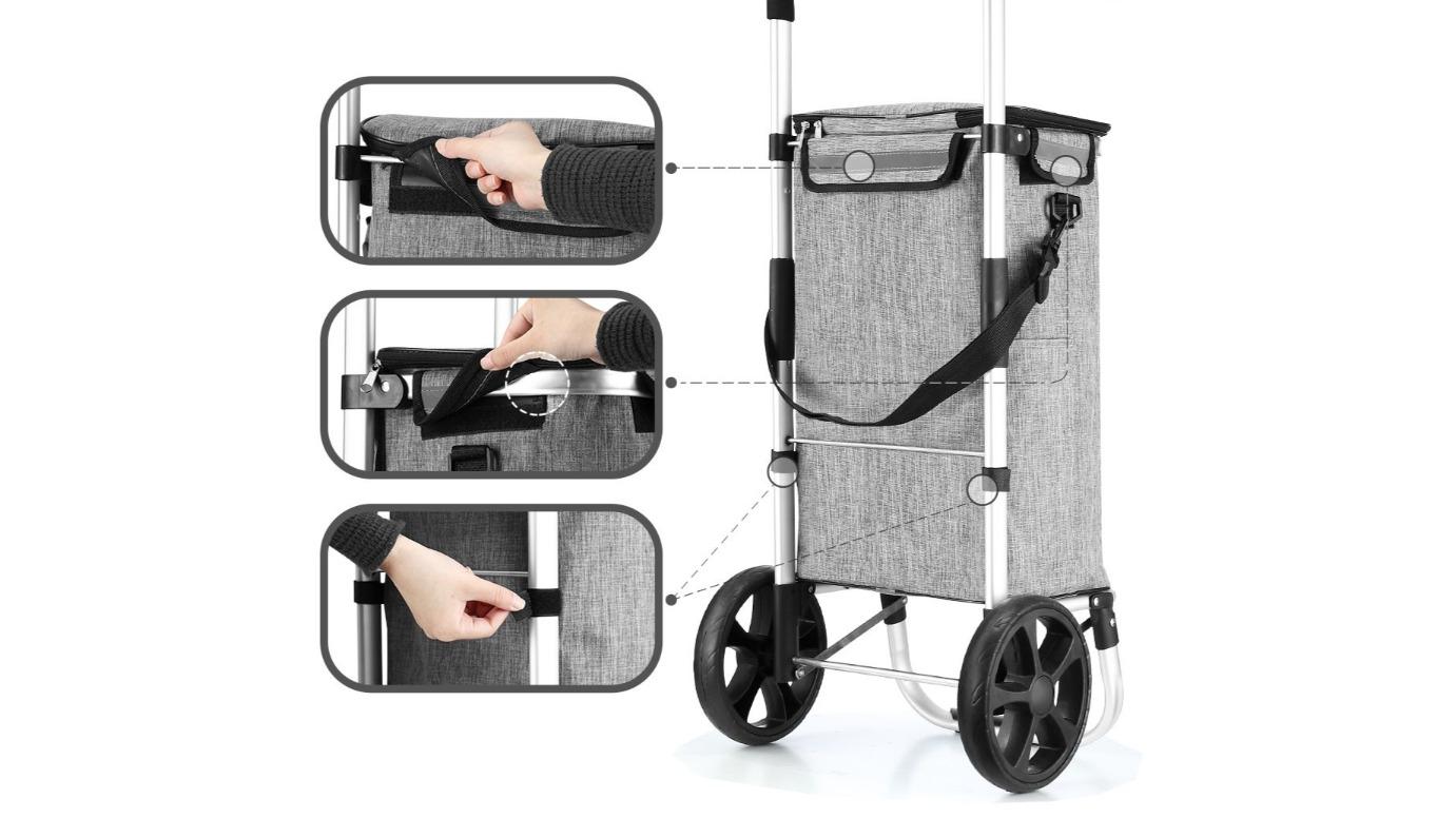 2-in-1 Portable Folding Shopping Tote With Wheels, Large Capacity Collapsible Grocery Cart Bag, Durable Fabric Utility Trolley
