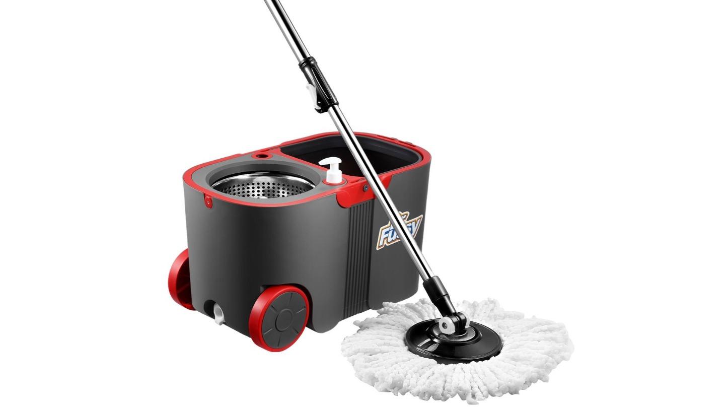 Dr Fussy 360 Degree Spin Rotating Mop and Bucket Set with Wheels and 4 Microfibre Mop Head