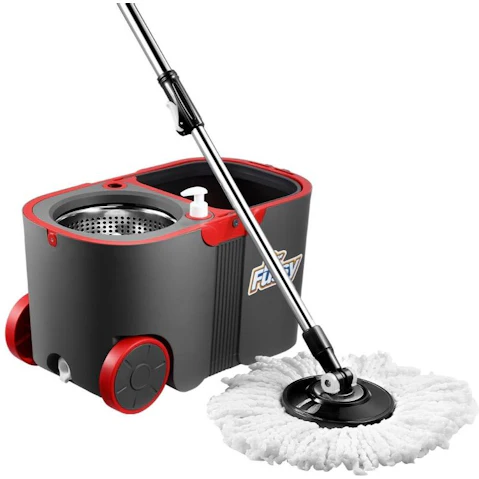 Dr Fussy 360 Degree Spin Rotating Mop and Bucket Set with Wheels and 4 Microfibre Mop Head