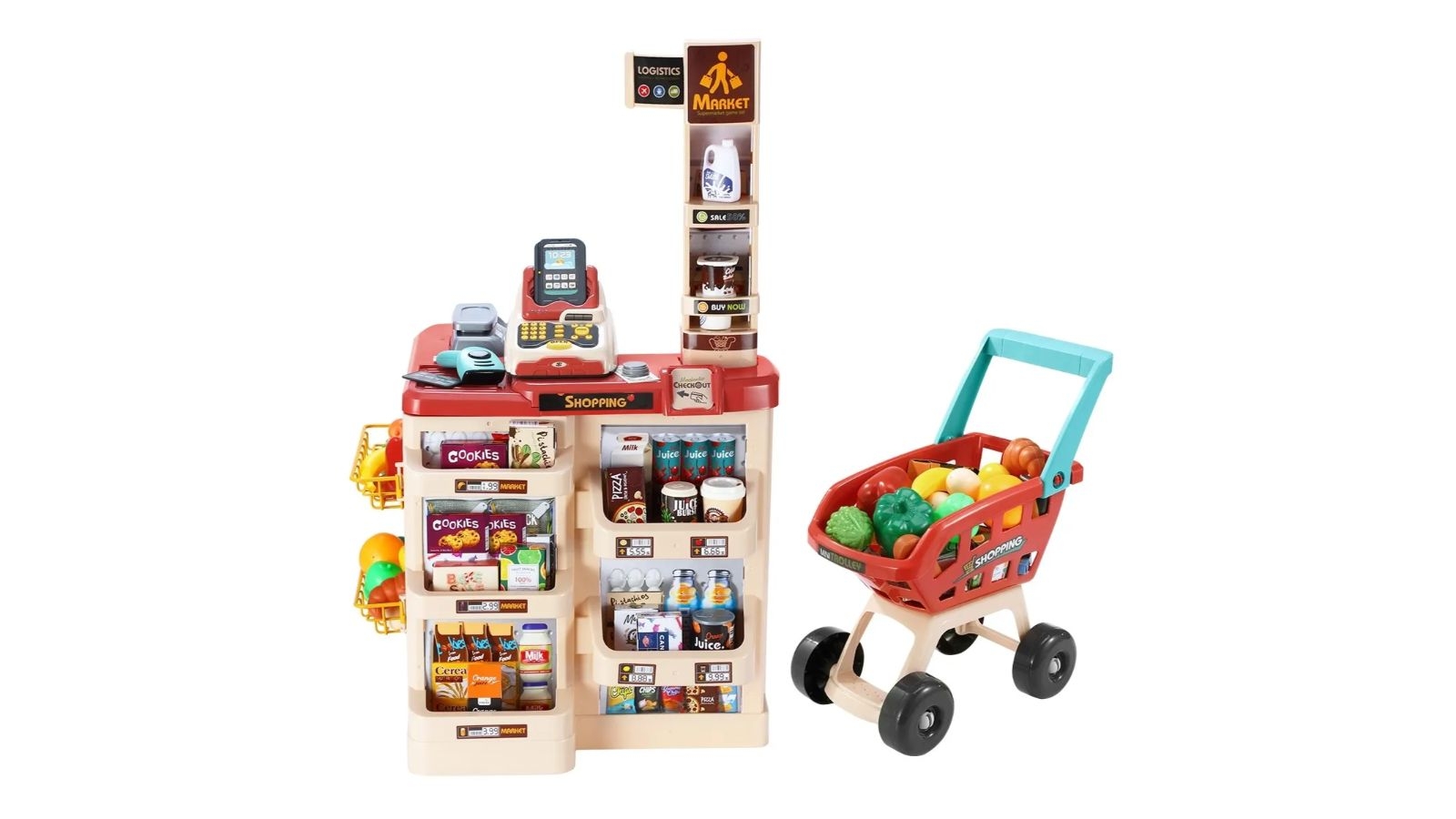 Preschool Kids Pretend Play Shop Grocery Supermarket with Trolley - 48 Pieces 