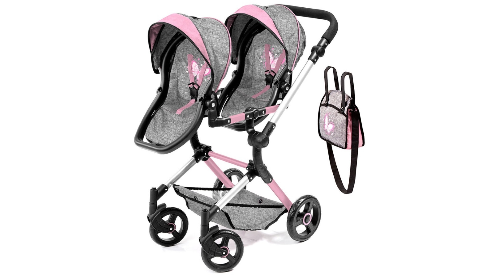 Bayer Twin Neo Doll Pram - Grey & Pink with Butterfly Motif | Harvey Norman