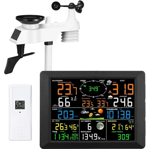 Maxkon WIFI Weather Station Solar Powered for UV Light Temperature Humidity Wind Speed