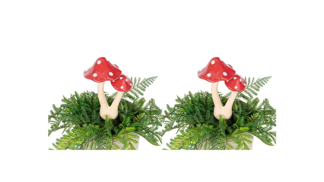 2-Pack 29cm Ceramic Double Mushroom Garden Ornament - Red