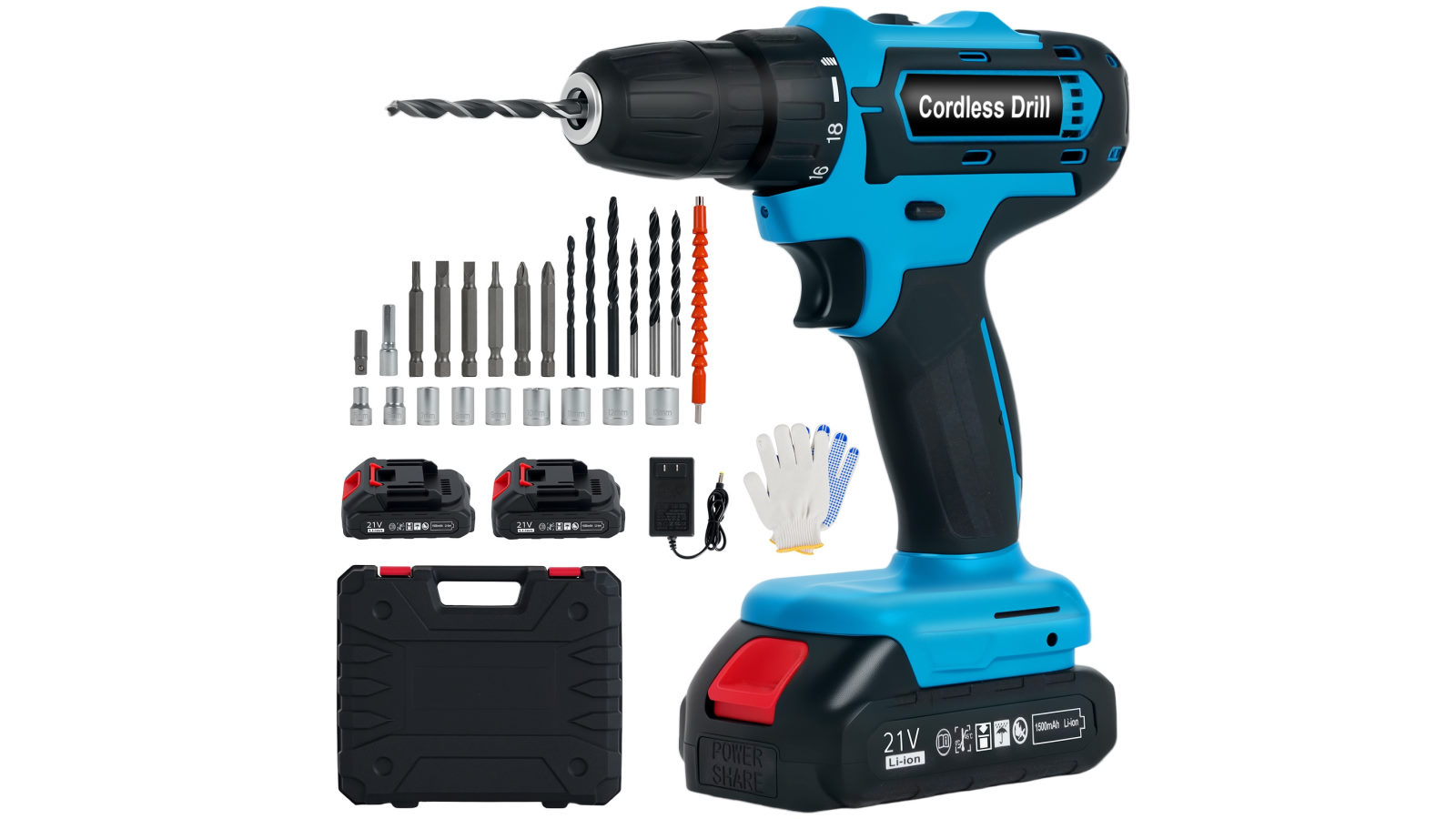 Advwin 21V Power Cordless Electric Drill Set Tool with 2 Lithium-Ion Batteries