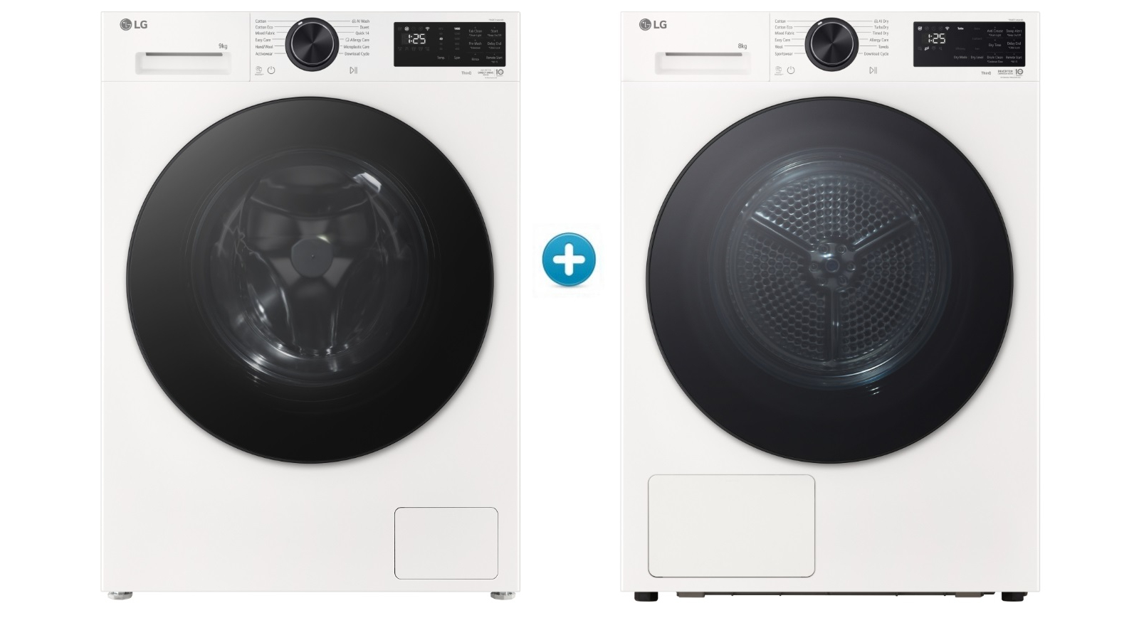 LG 9kg Series 3 Front Load Washing Machine plus 8kg ThinQ Heat Pump Condenser Dryer Package - White
