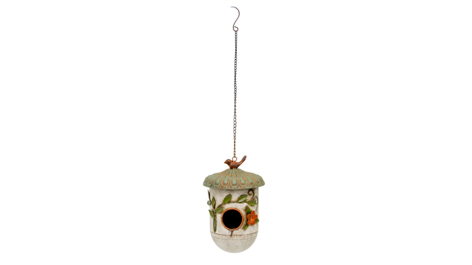 Willow and Silk Hanging Birdhouse with Blue Roof and Perched Bird