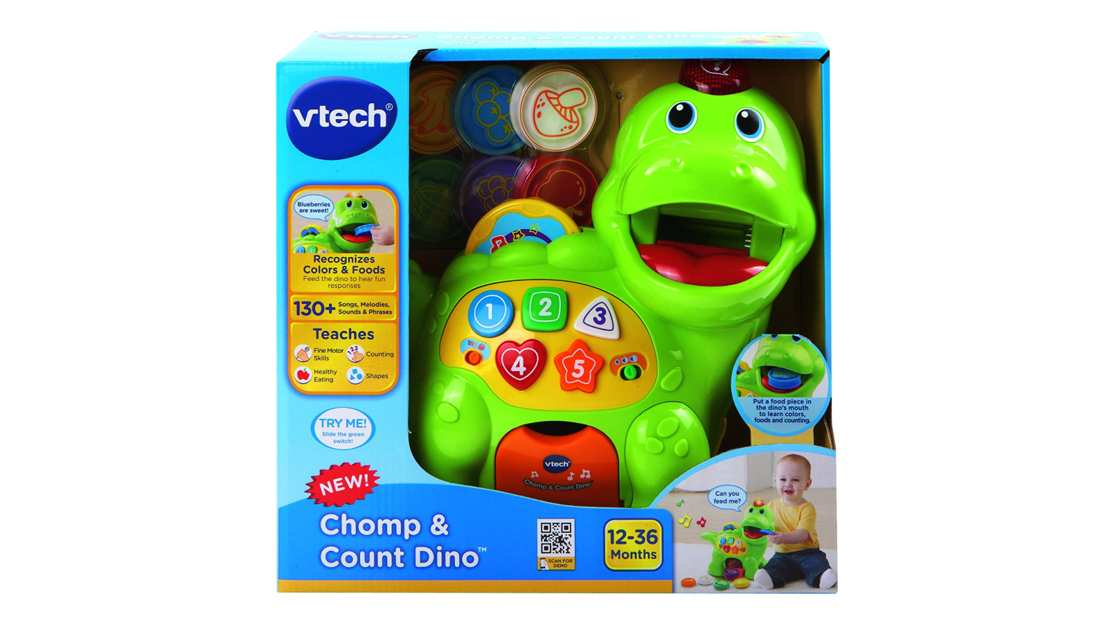 VTech Baby Feed Me Dino Musical Toy with Number Music Shape and Interactive Light Harvey Norman