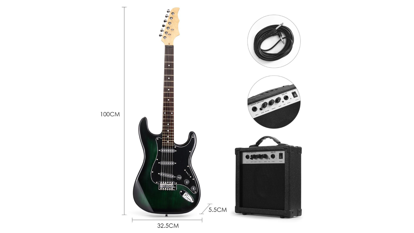Melodic 3inch Electric Guitar with Bonus Amplifier Beginner - Black/Green
