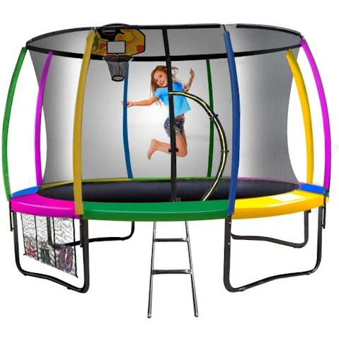 Kahuna 12ft Trampoline with Basketball Set - Rainbow
