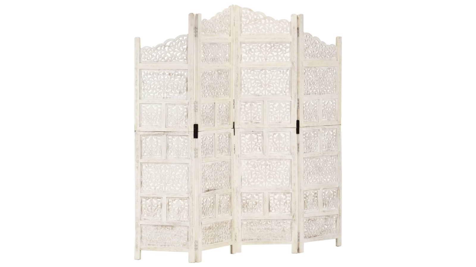 vidaXL 4-Panel 160 x 165cm Solid Mango Wood Hand-Carved Room Divider - White