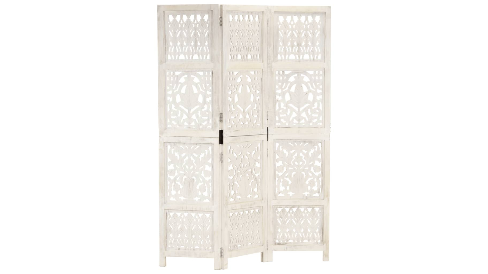 vidaXL 3-Panel White Solid Mango Wood Hand-Carved Room Divider