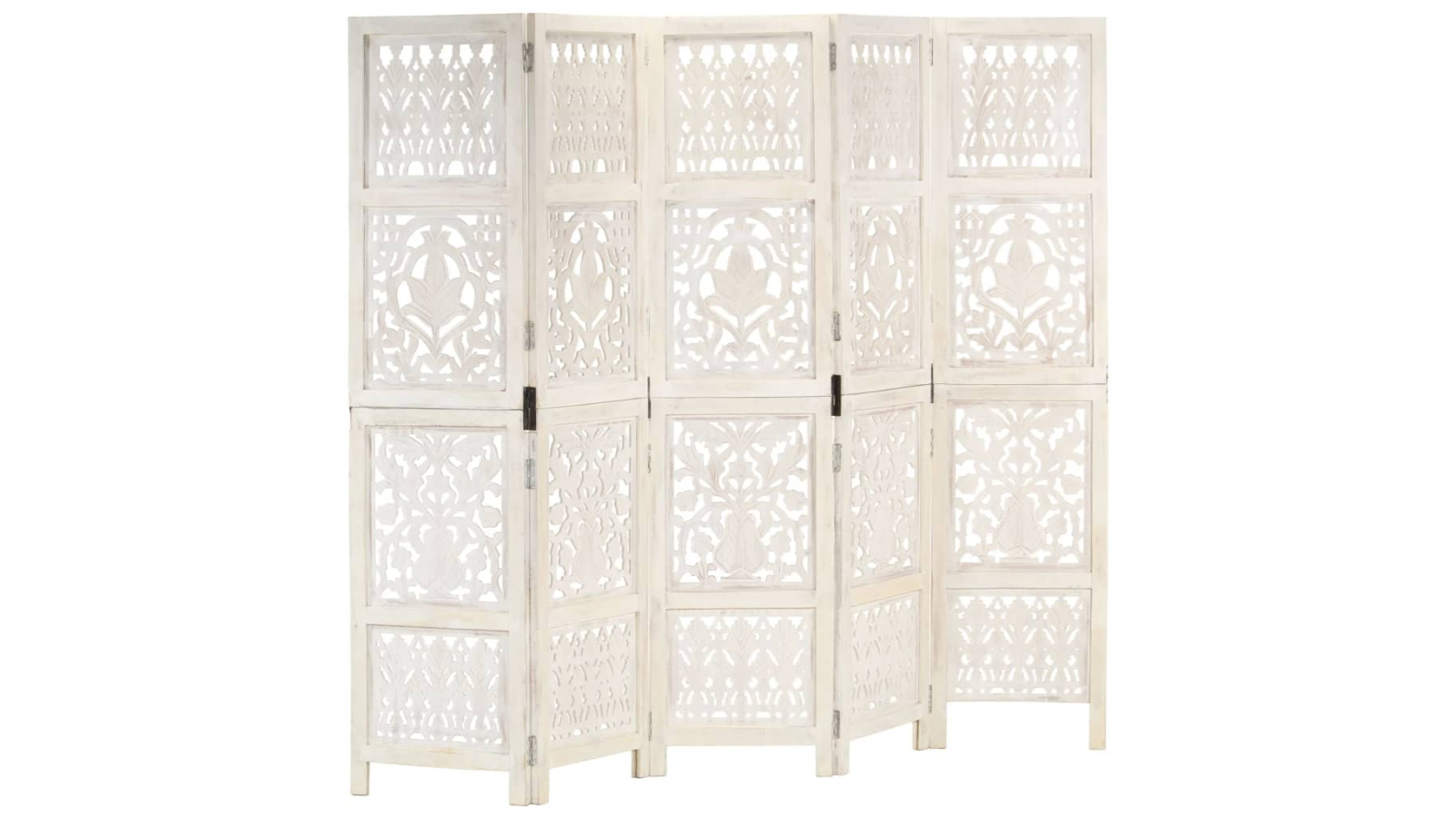 vidaXL 5-Panel 200 x 165cm Solid Mango Wood Hand-Carved Room Divider - White