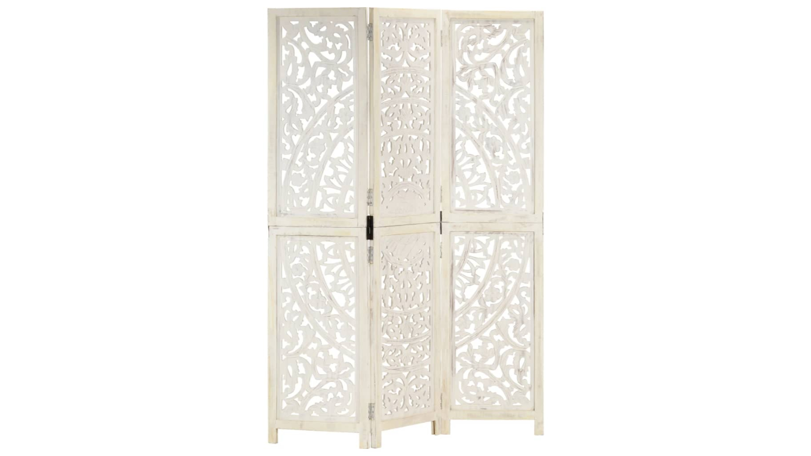 vidaXL 3-Panel 120 x 165cm Solid Mango Wood Hand-Carved Room Divider - White