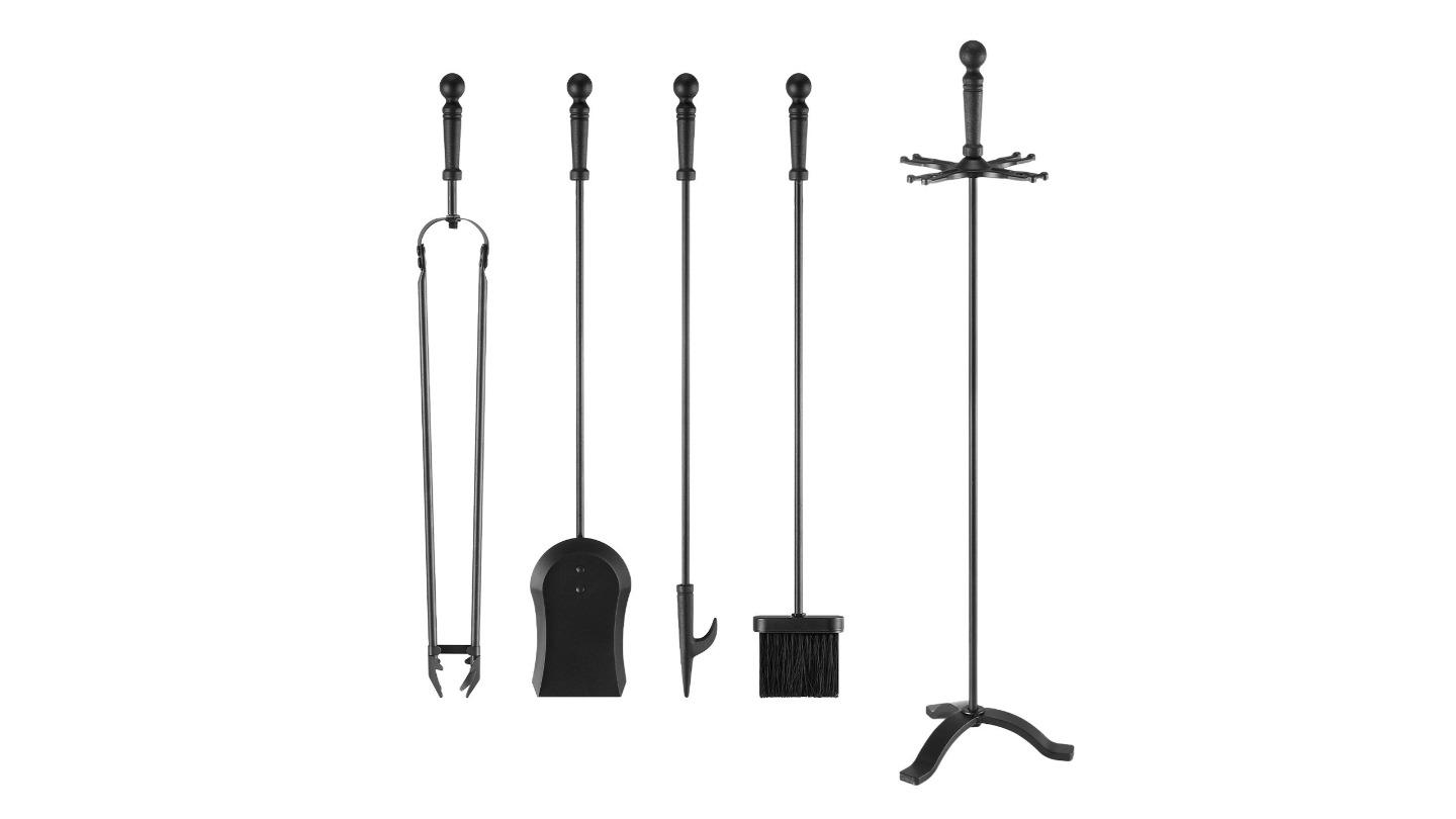 5 Piece Poker Firepit Tong Accessories Iron Fireplace Tool Set - Black