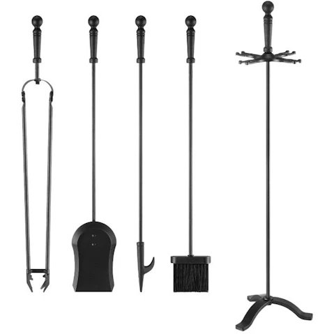 5 Piece Poker Firepit Tong Accessories Iron Fireplace Tool Set - Black