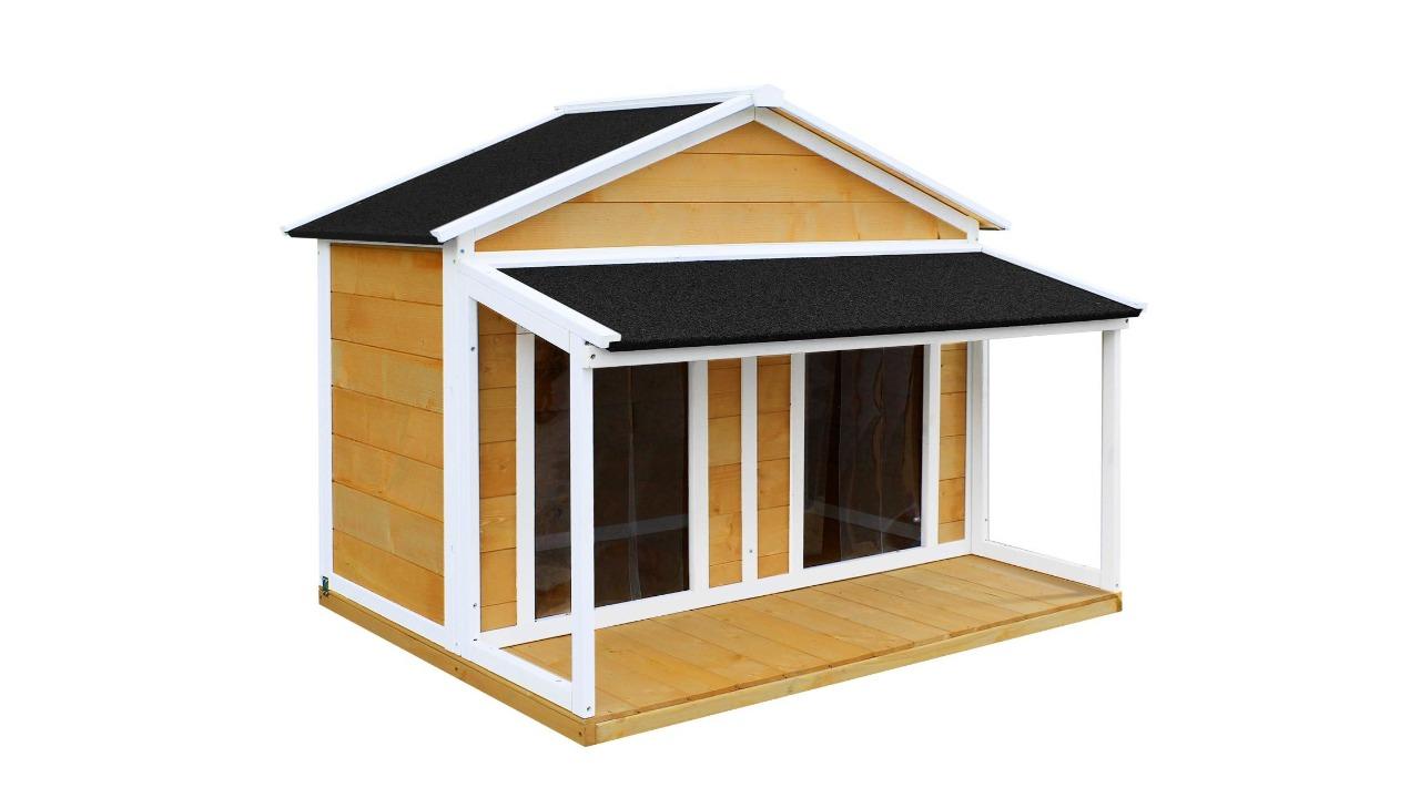 Pet Scene Wooden Raised Indoor/Outdoor Dog Kennel with Asphalt Roof Porch Door - XX-Large