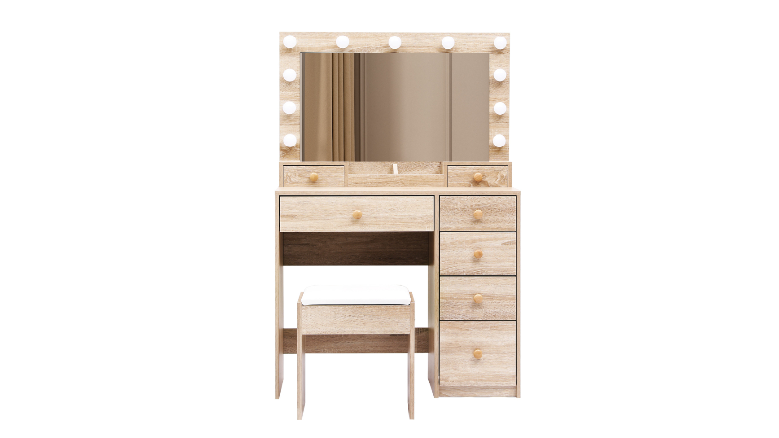 Levede LED Bulb Makeup Dressing Table Stool Set - Oak