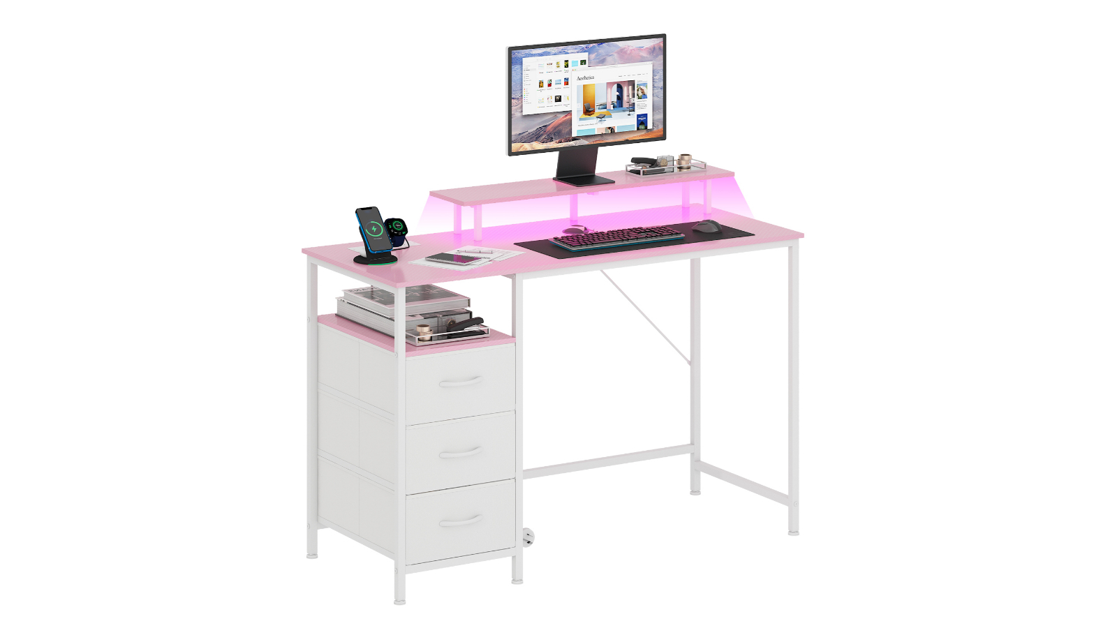 Advwin120 x 50cm Reversible Gaming Desk with Power Outlet, USB Port and Fabric Drawer - Pink/White