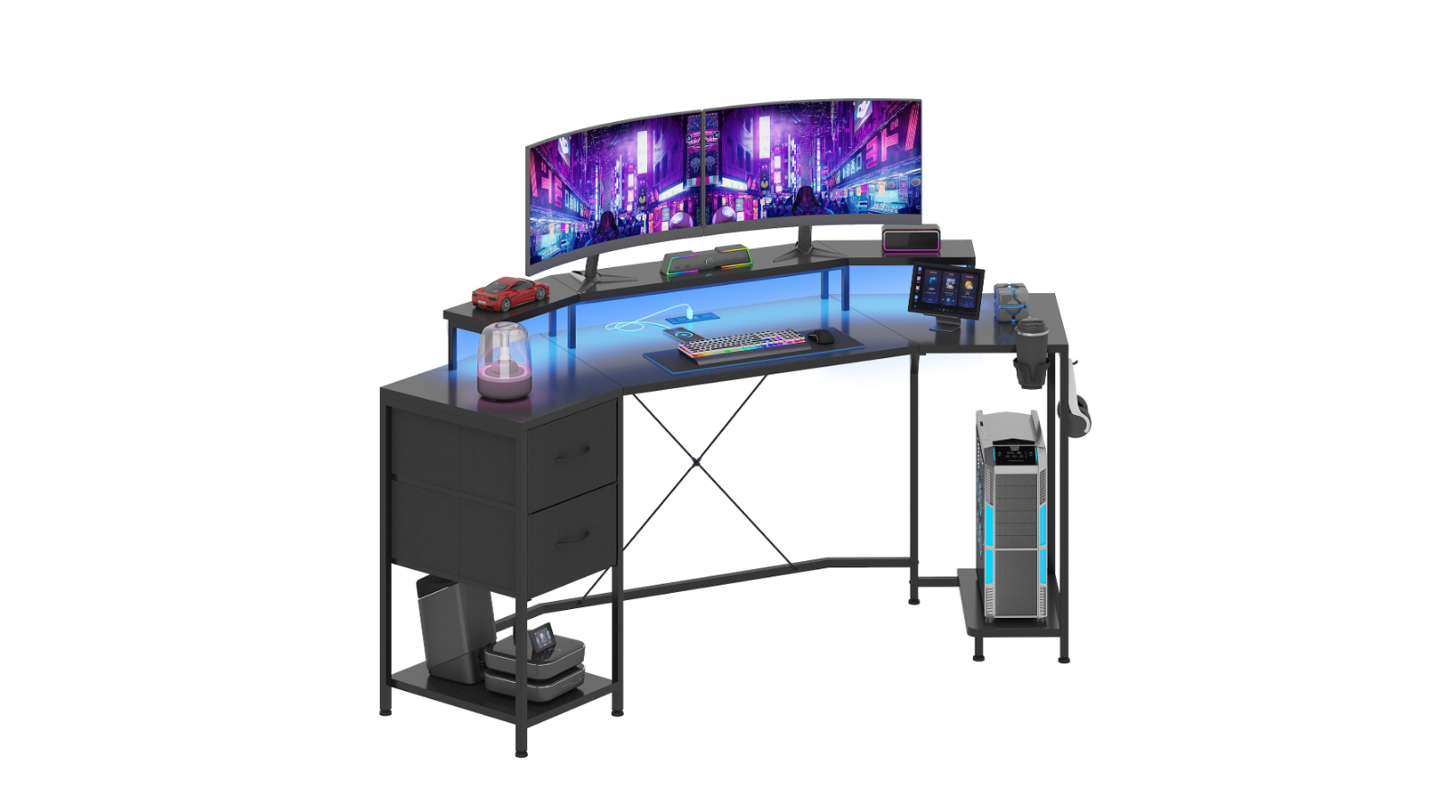 Advwin 187cm U-Shaped Carbon Fiber LED Gaming Desk with Power Outlet and Monitor Stand - Black