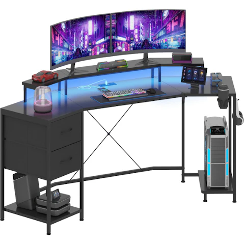 Advwin 187cm U-Shaped Carbon Fiber LED Gaming Desk with Power Outlet and Monitor Stand - Black