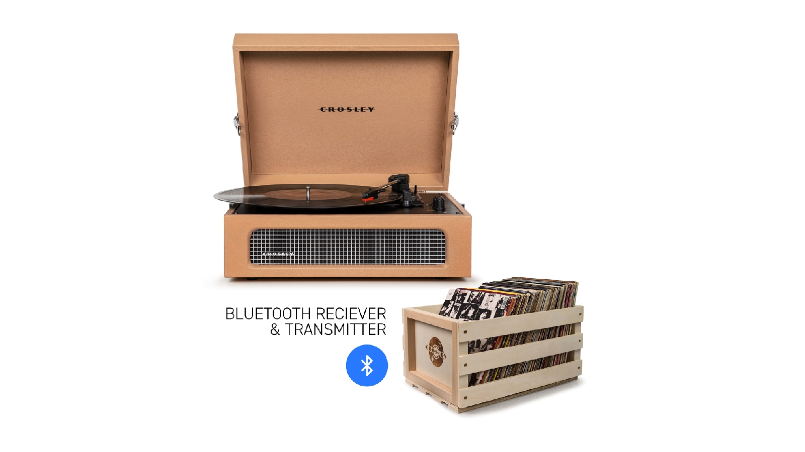Crosley Voyager Bluetooth Portable Turntable + Bundled Record Storage Crate - Tan