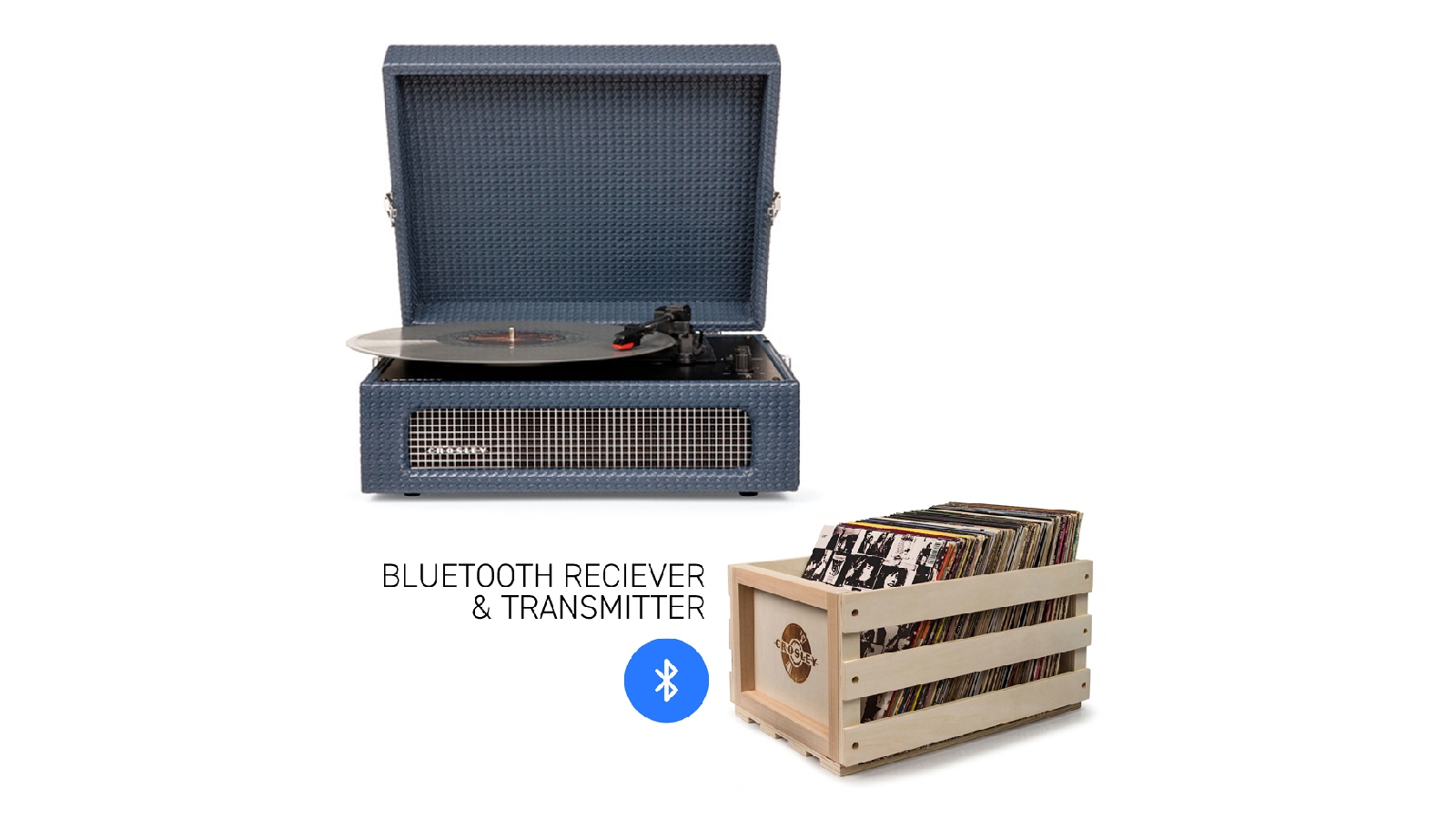 Crosley Voyager Bluetooth Portable Turntable + Bundled Record Storage Crate - Navy