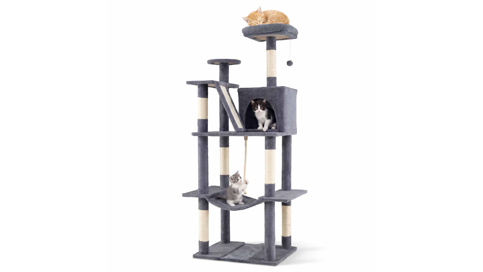 Costway 158cm Sisal Scratching Posts Plush Top Perch Cat Tree Tower with Cave Hammock Ball Climbing Stand