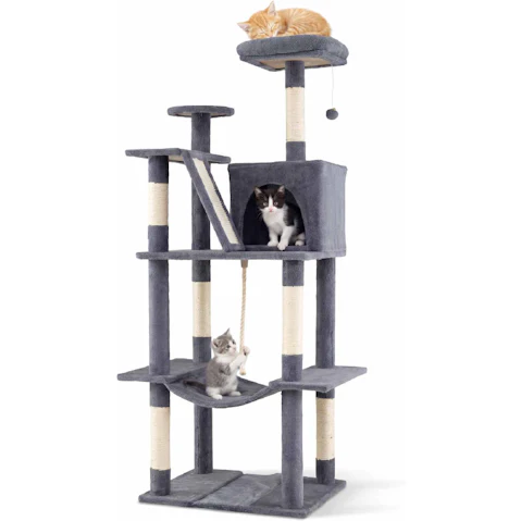 Costway 158cm Sisal Scratching Posts Plush Top Perch Cat Tree Tower with Cave Hammock Ball Climbing Stand