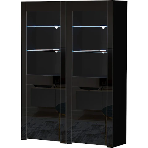 Oikiture 2 Piece High Gloss Tall Display Cabinet with LED - Black