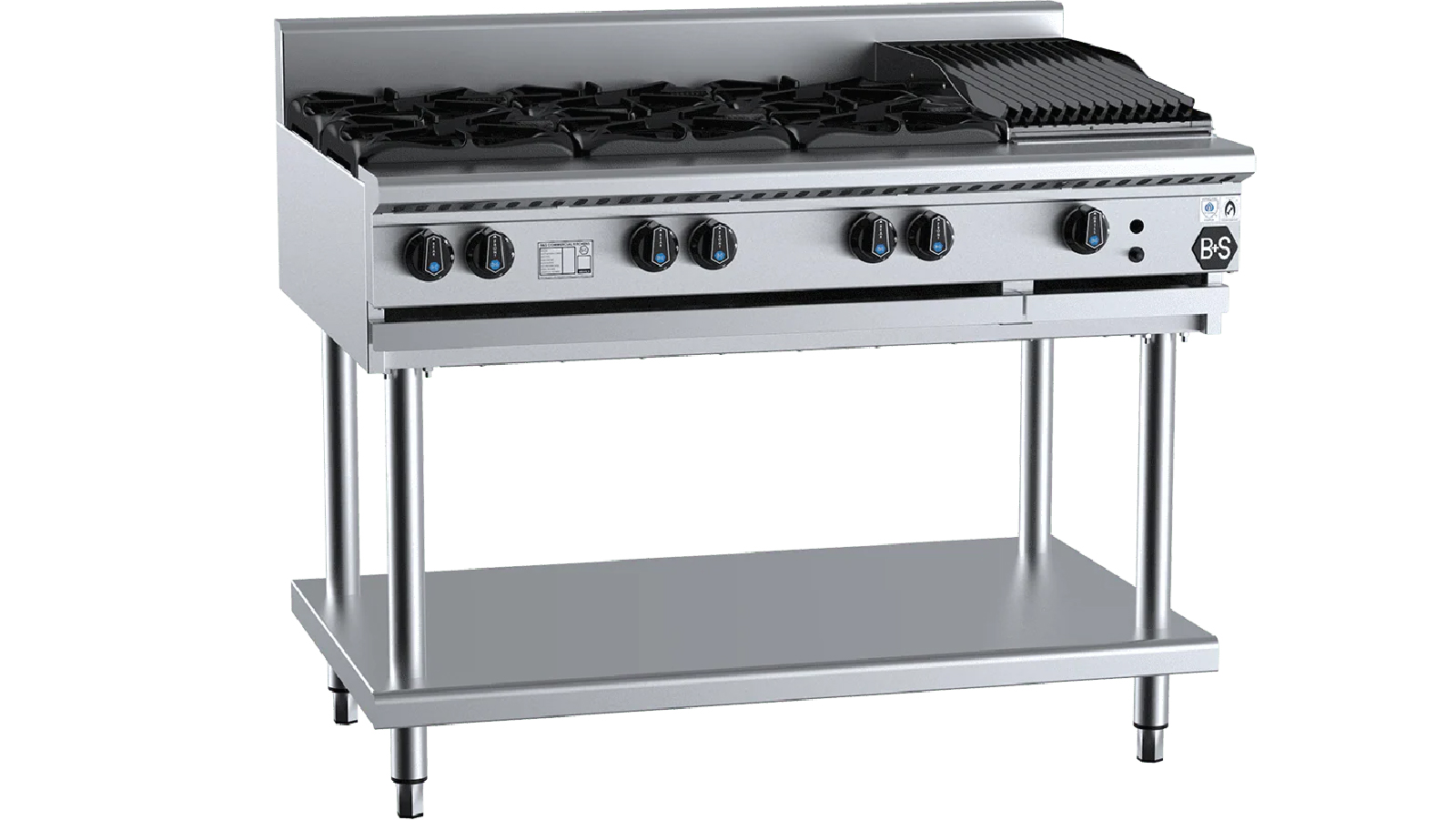 B+S Black Combination Six Open Burners and 300mm Char Broiler LPG