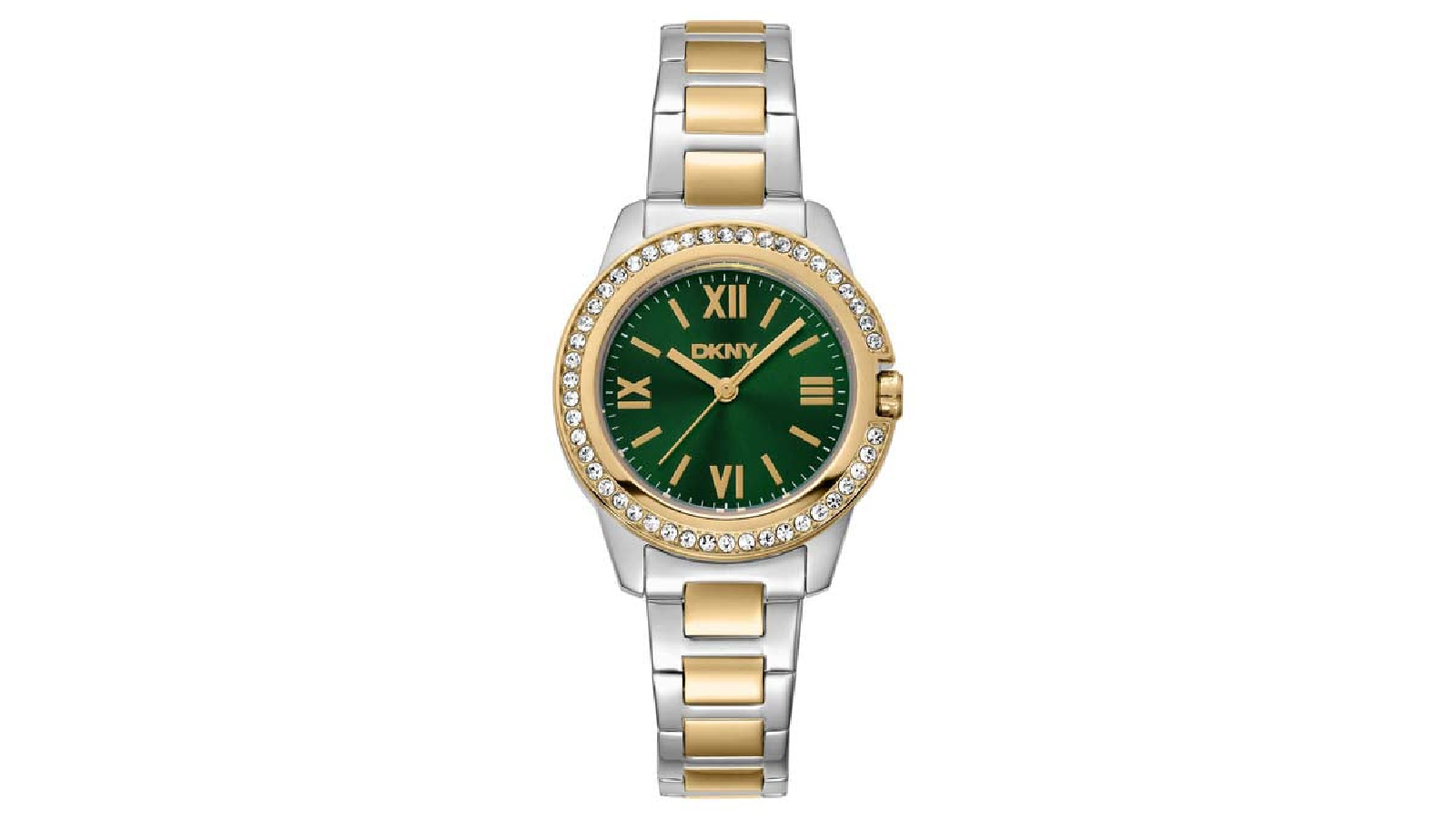 DKNY 30mm Womens Evening Two Tone Gold and Silver Stainless Steel Watch with Crystal Accented Bezel Dark Green Dial