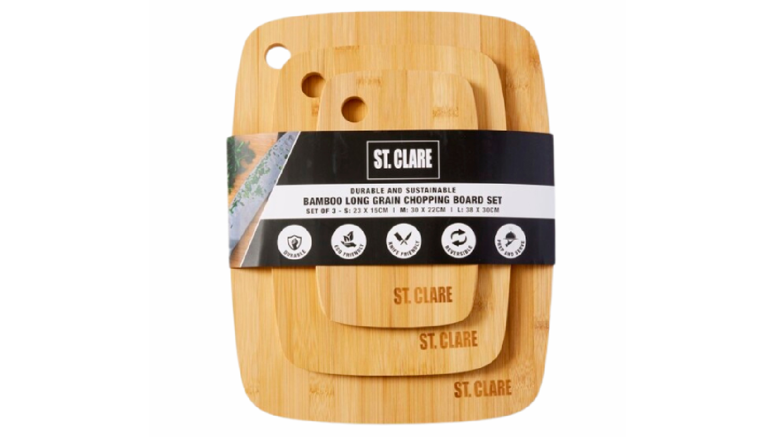 St Clare Set of 3 Natural Bamboo Long Grain Eco friendly Chopping Board