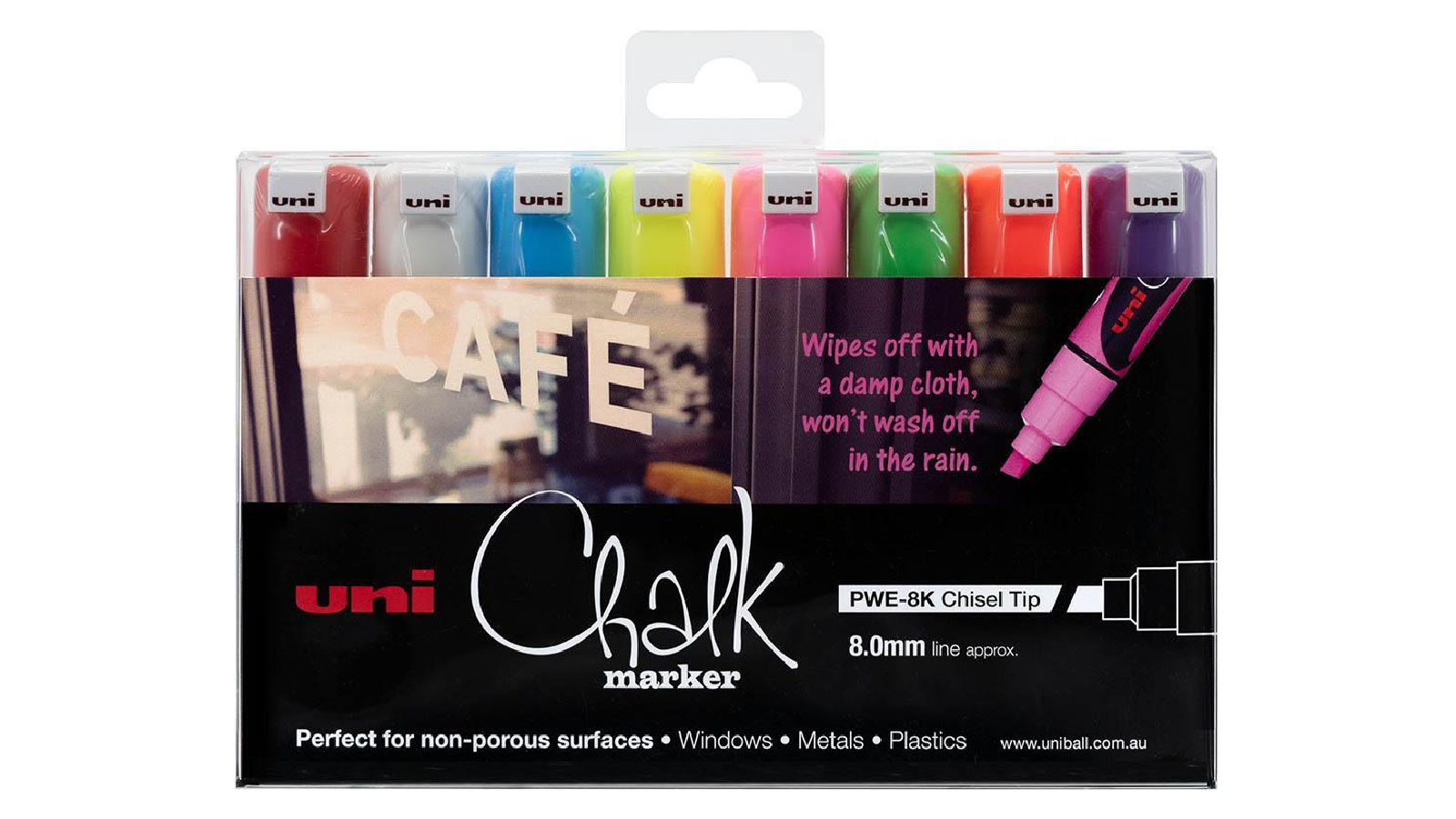 Uni-Ball Pack of 8 8mm Chalk Marker Chisel Tip  - Assorted Colours 