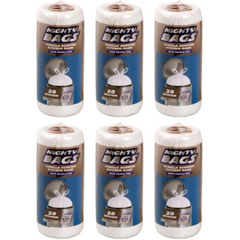 Mighty Bags 6 Pack of 52 x 62cm Vanilla HDPE Garbage Bags Scented - 27L