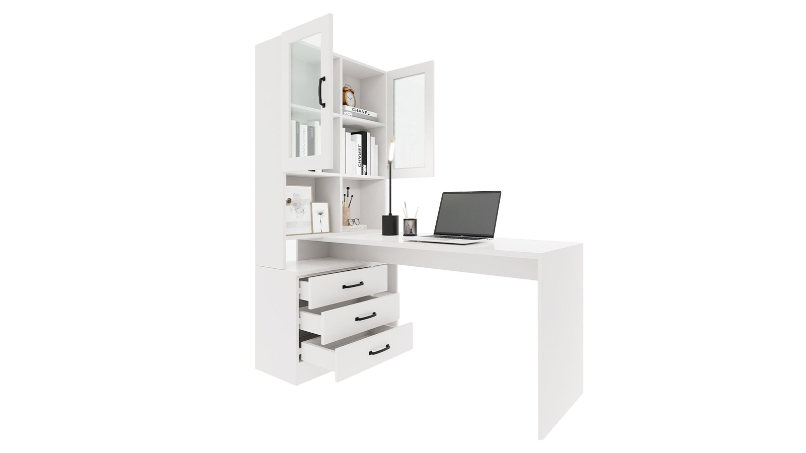 LUXSUITE Computer Desk with Drawer Shelve Cabinet - White