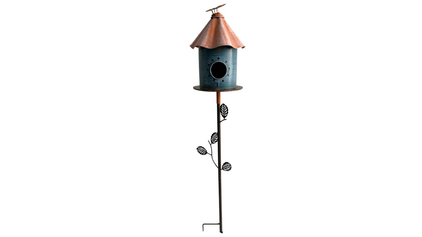 Willow and Silk Bird House with Perched Bird on Leafy Garden Stake - 18.5 x 18.5 x 108cm