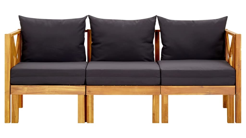 vidaXL 3-Seater Solid Acacia Wood Garden Bench with Dark Grey Cushions - 179cm