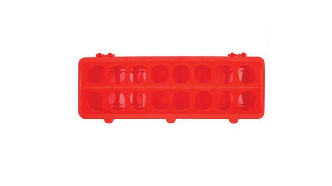 Rooster Farms Red Plastic Flip Top Long Chicken Feeder - 30cm