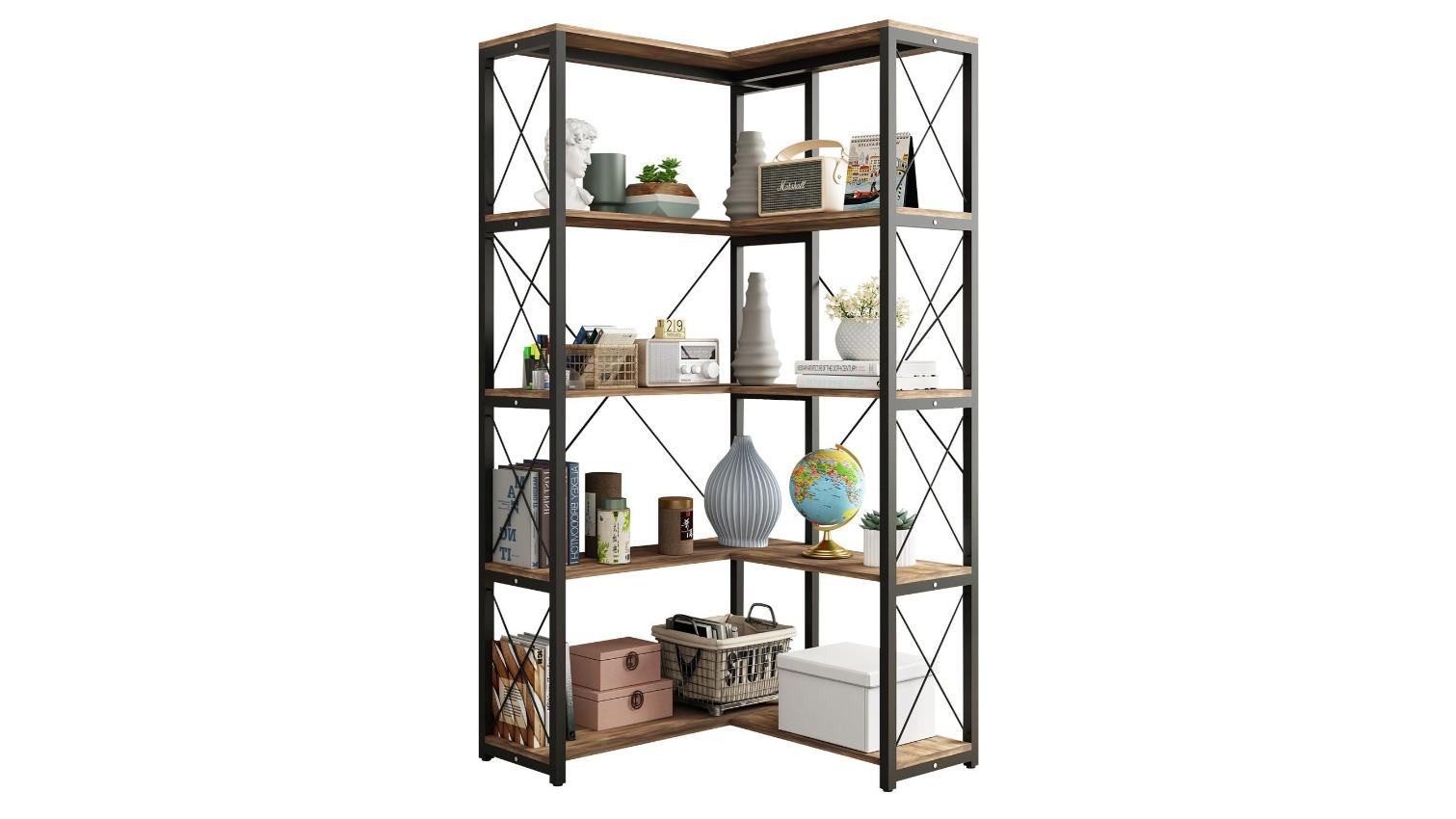 LUXSUITE 4-Tier CD DVD Photo Storage Media Plant Ornament Holder Metal Black Display Corner Bookshelf