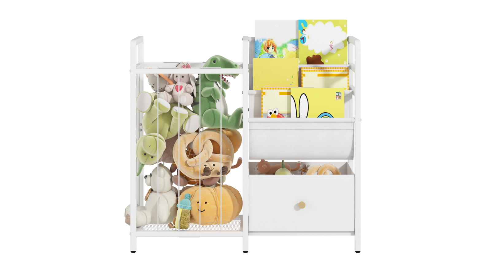 Advwin Kids 3-Tier Sling Bookcase with Stuffed Animal Storage and Drawer - White
