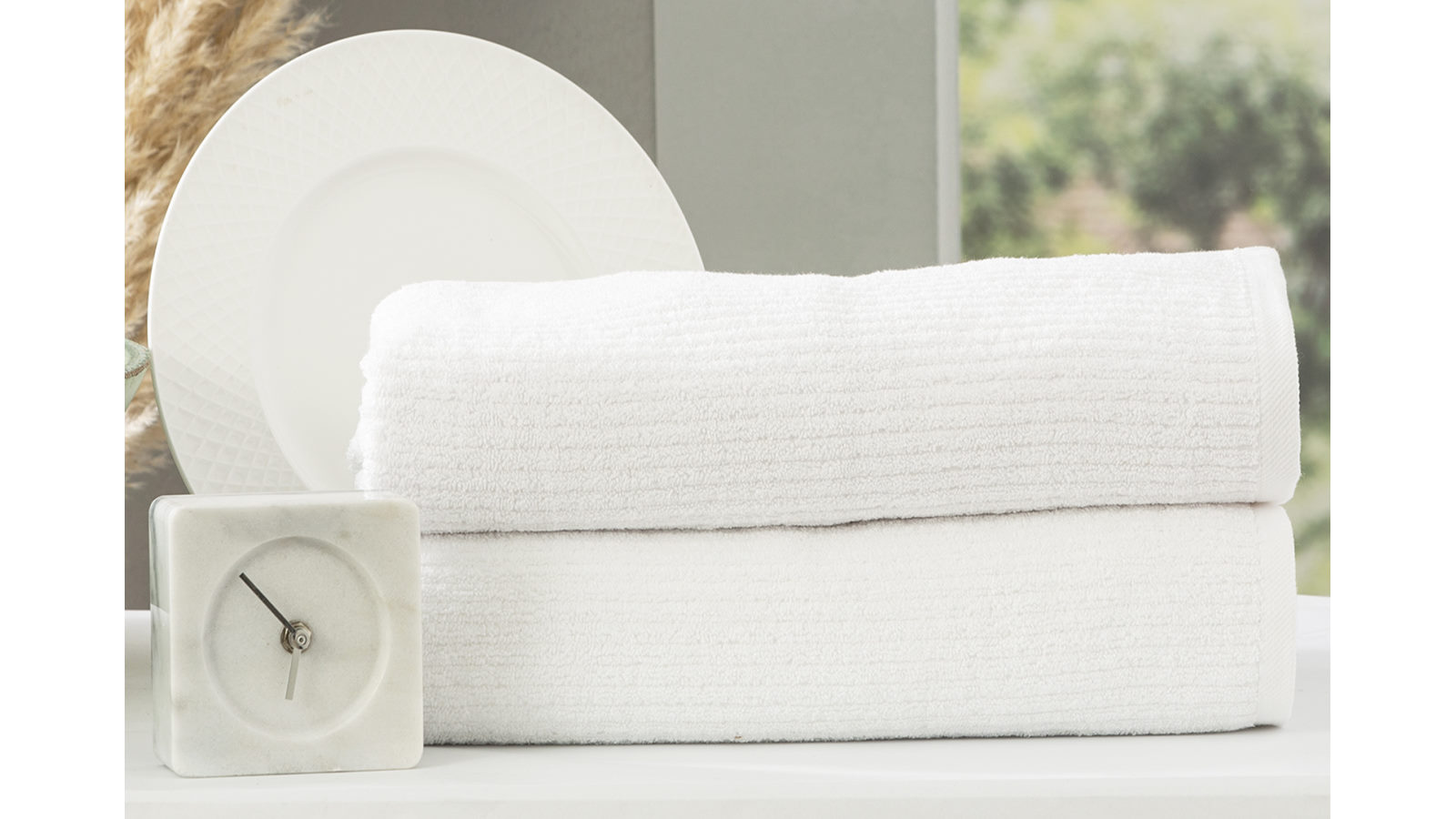 Renee Taylor Pack of 2 Cobblestone 650gsm Cotton Ribbed Towel Bath Sheet - White