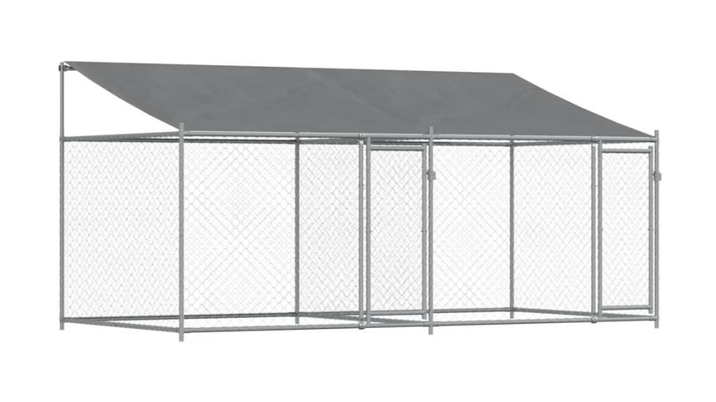 vidaXL Grey Galvanised Steel Dog Cage with Roof and 2-Door - 400 x 200 x 200cm