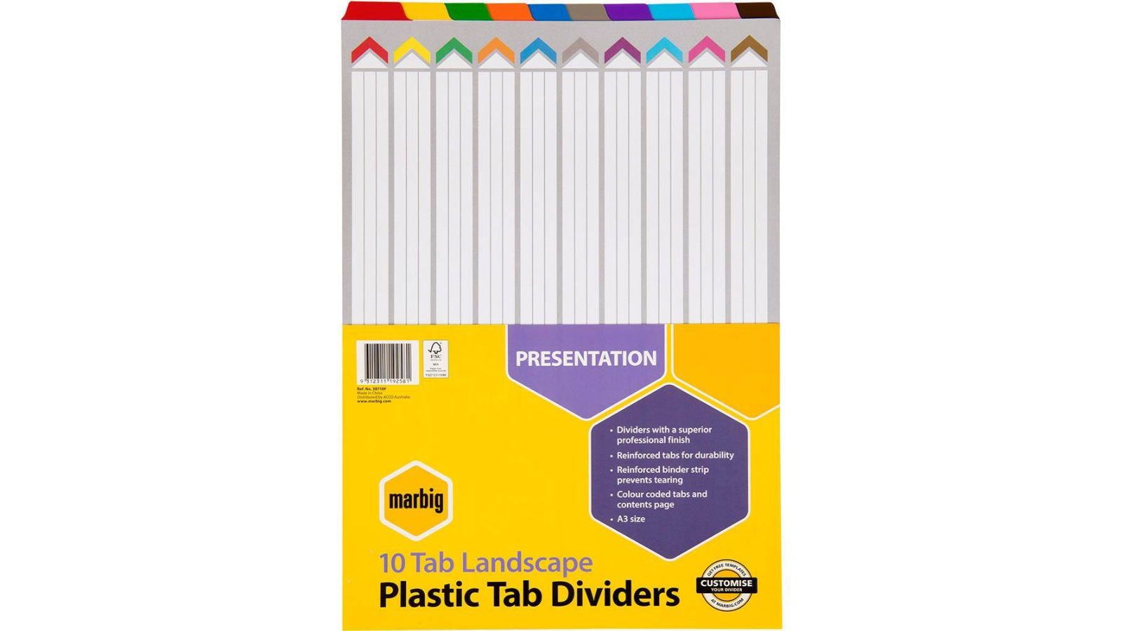 Marbig Assorted Colour A3 Landscape Manilla Board 10-Tab Divider 