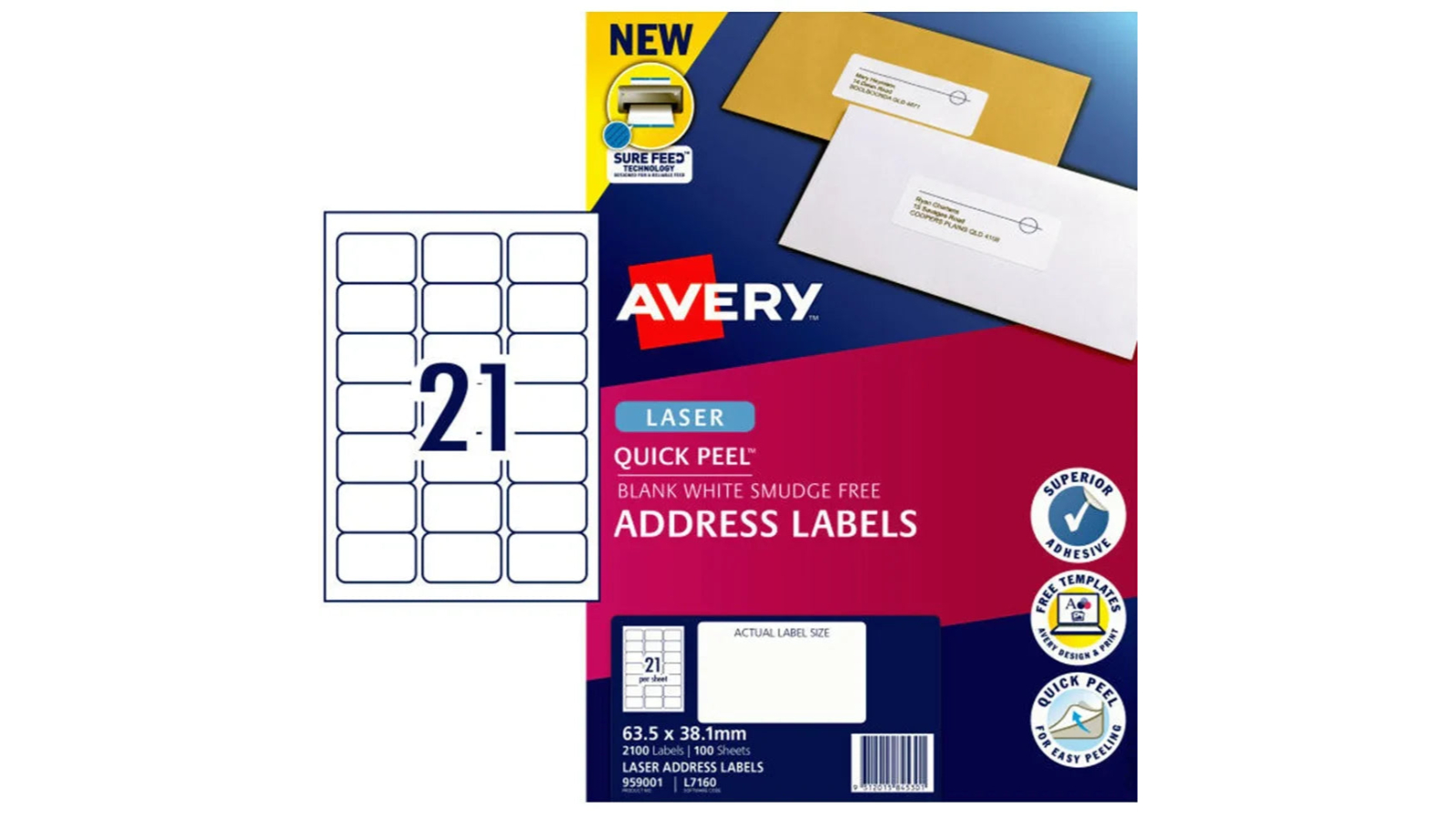 Avery Pack of 100 21Up Quick Peel Label with Sure Feed Laser - White