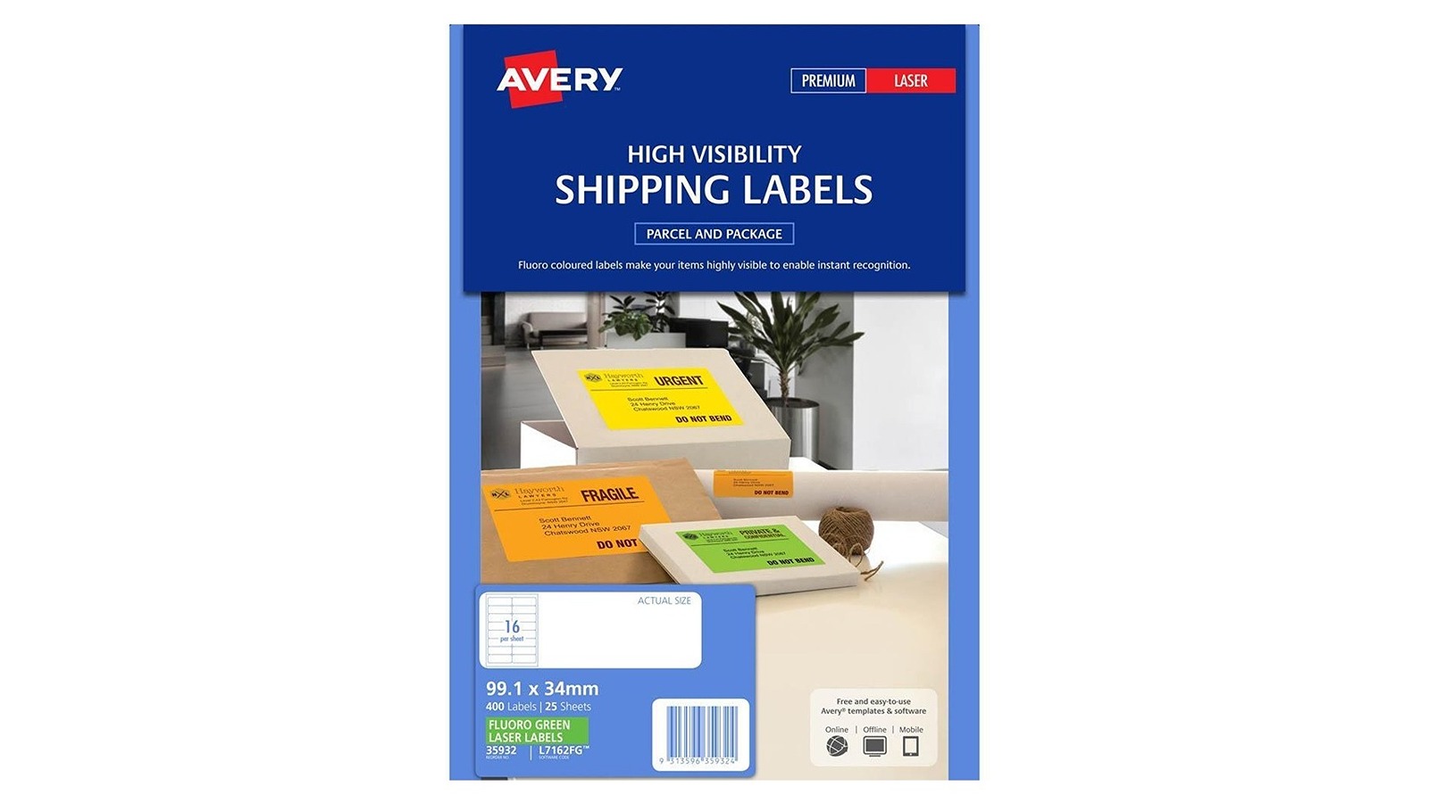 Avery 35932 Pack of 25 Fluorescent Green 16Up L7162FG Laser Label
