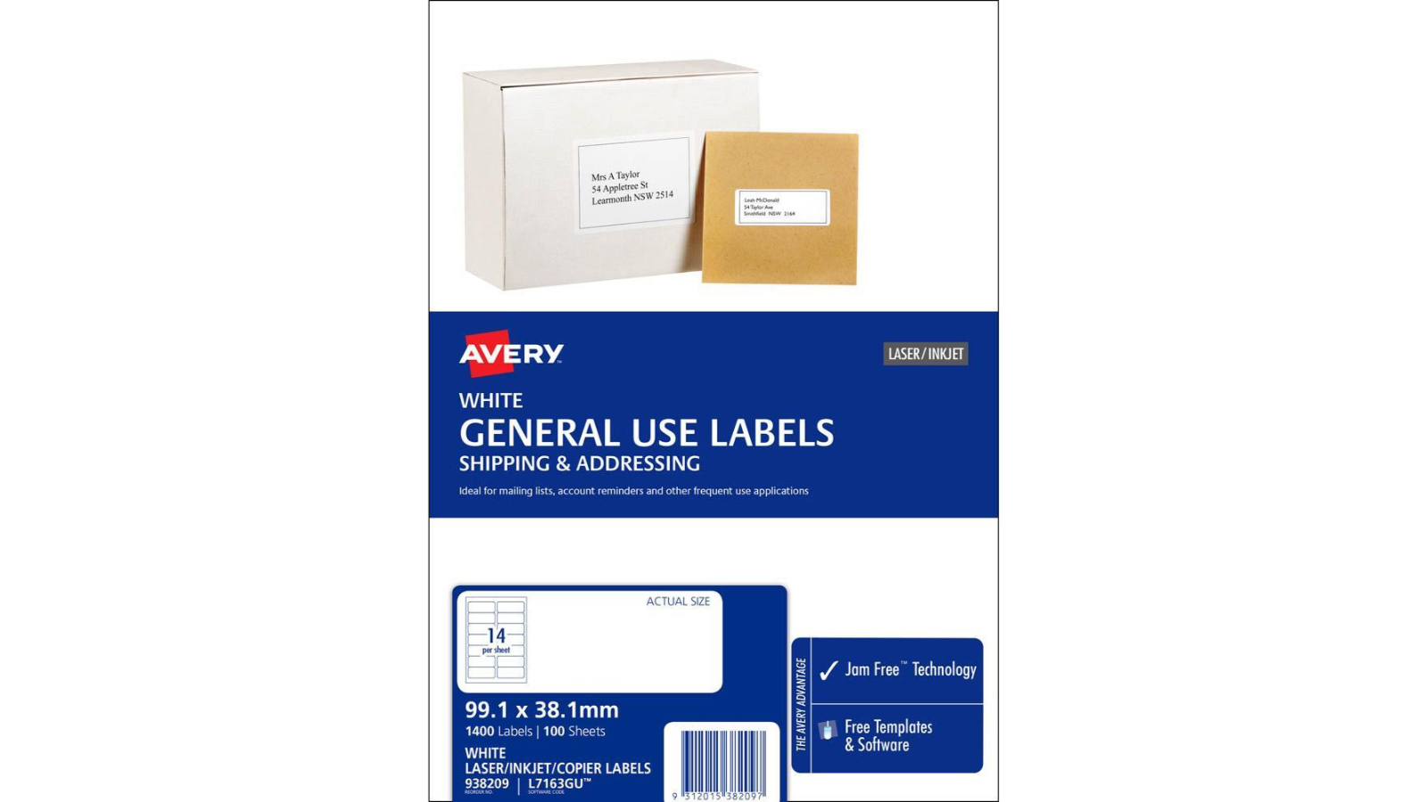 Avery Pack of 100 14Up Inkjet Copier Laser Label - White